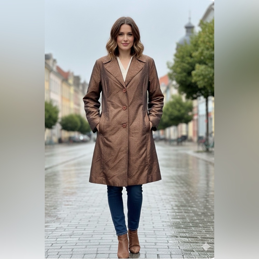 Jheri Richards Metallic Bronze Iridescent Trench Coat